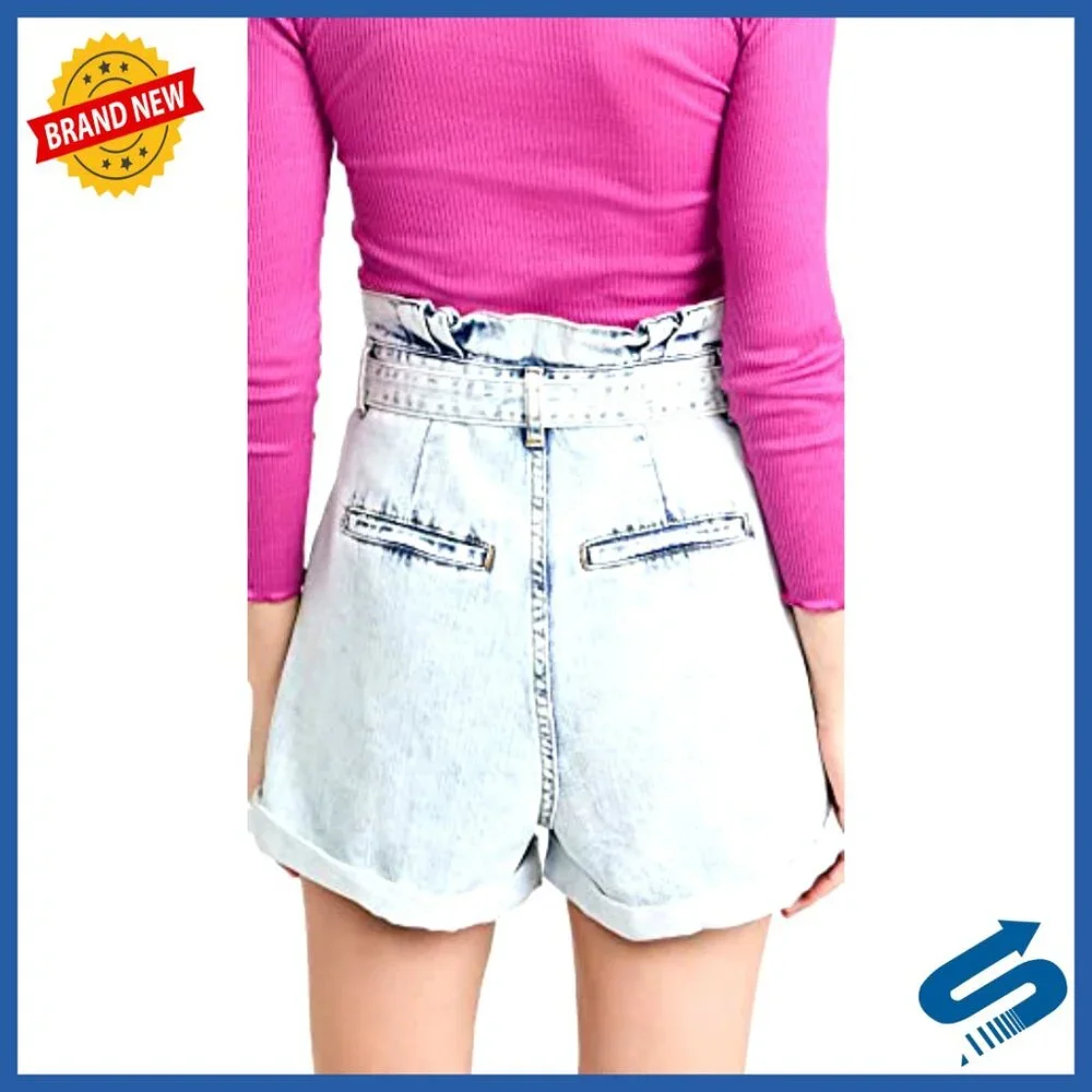 Denim Paper Bag Shorts with Self Belt, Pleated Cuffed Style - Picture 3 of 6